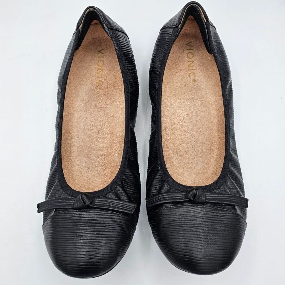 Vionic Andie Black Ballet Flats Womens 9 Textured Leather Orthotic Bow Comfort